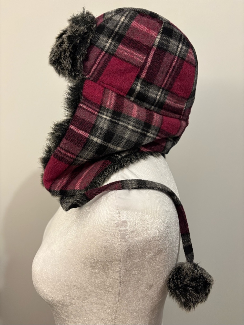 Plaid Faux Fur Trapper Hat Emo Scene Y2K Mall Goth Winter Pom Pom Ear Flap Hat